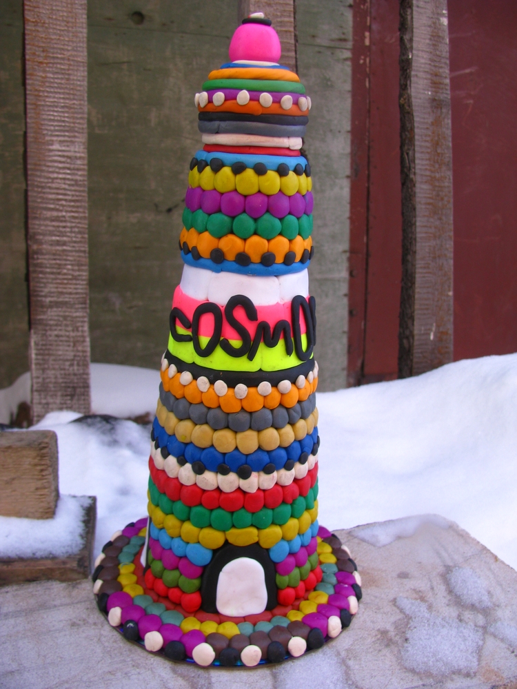 The tower is made of plasticine on a rigid frame.